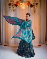 Teal ombré kamdani mukaish lehnga and dupatta with gota blouse - Sohni